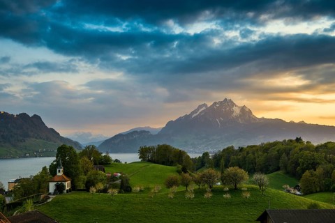 Panorama with lake and mountains