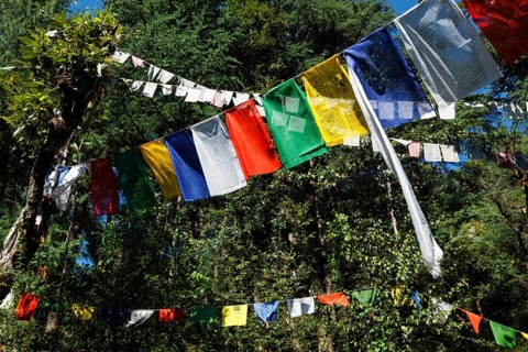 Buddhist prayer flags lungta with Om Mani Padme Hum Buddhist mantra prayer meaning Praise to the Jewel in the Lotus on kora around Tsuglagkhang complex. McLeod Ganj