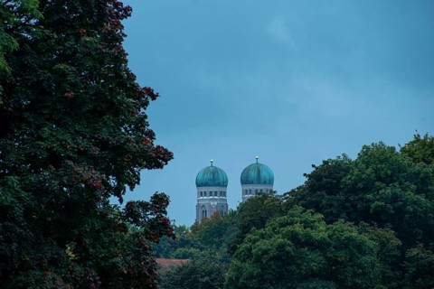 The tops of the onion domes of the Munich Church of Our Lady