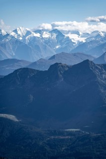Snow-covered mountain peaks on the main ridge of the Alps