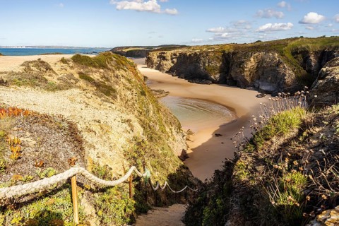 Beautiful landscape and seascape with rock formation in Samoqueira Beach