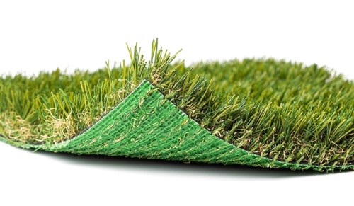 Flipped up section of artificial turf grass on white background