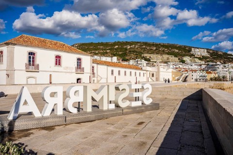 Sesimbra sign on the Santiago fortress