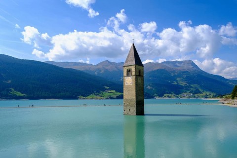 Church tower of Alt-Graun in Reschensee