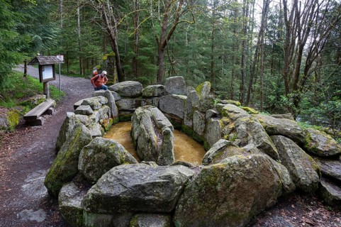 Hikers at the Kneipp treading pool on the Moorwald adventure trail