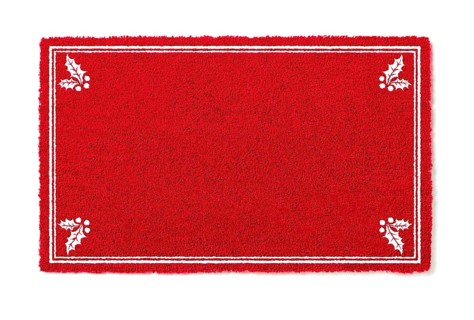 Blank holiday red welcome mat with holly corners isolated on white background