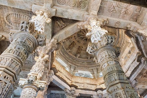 Columns pillars of beautiful Ranakpur Jain temple or Chaturmukha Dharana Vihara