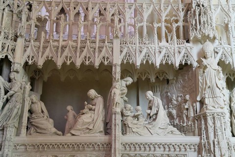 Stone sculptures Scenes from the Life of Jesus and Mary on the choir screen of Notre Dame of Chartres Cathedral