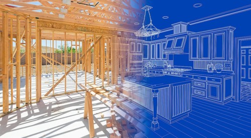House construction framing gradating into kitchen design blueprint drawing