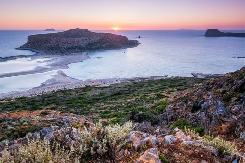 Island Gramvousa and the beautiful Balos beach on sunset in Crete island