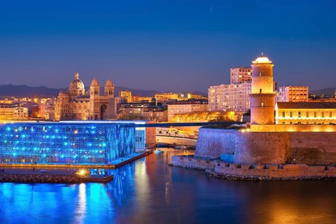 Marseille Old Port and Fort Saint-Jean and Museum of European and Mediterranean Civilisations and Marseille Cathedral illumintaed in night