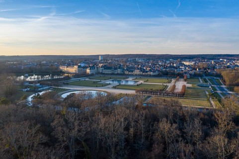 Aerial view of Fontainebleau Castle and Park