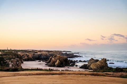 Beautiful landscape and seascape with rock formation in Samoqueira Beach