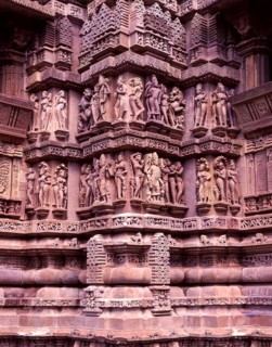 Sculptures on the exterior of the temple walls in Khajuraho