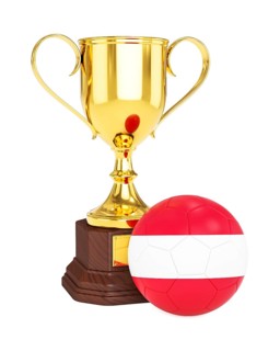 3d rendering of gold trophy cup and soccer football ball with Austria flag isolated on white background