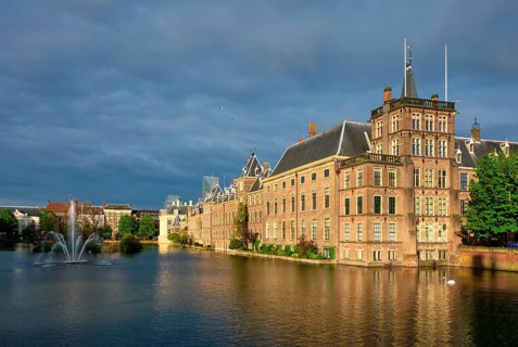 View of the Binnenhof House of Parliament and the Hofvijver lake. The Hague