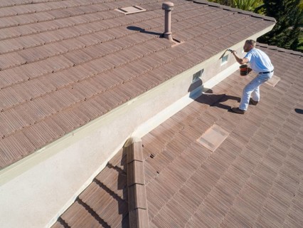 Professional painter using A brush to paint house facade