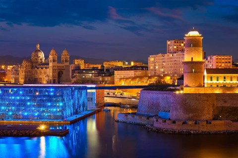 Marseille Old Port and Fort Saint-Jean and Museum of European and Mediterranean Civilisations and Marseille Cathedral illumintaed in night