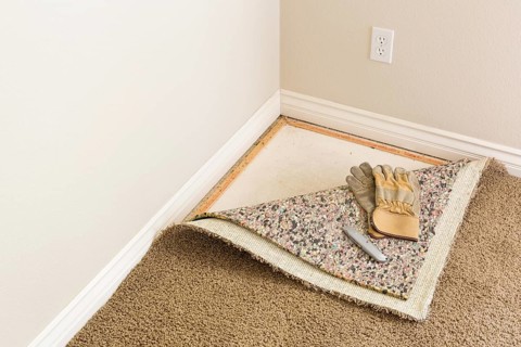 Construction gloves and utility knife on pulled back carpet and underlay in room