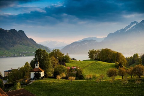 Panorama with lake and mountains