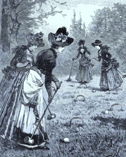 Distinguished ladies playing croquet in a park in London in 1870