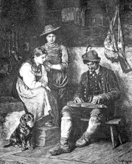 Hunter playing the zither for his wife in an alpine hut