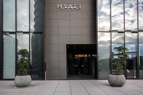 Entrance Hotel Hyatt Regency Duesseldorf at the Hafenspitze in the Media Harbour