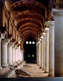 A view of the Colonnade of massive pillars in the Darbar hall of Thirumalai Nayak palace or Mahal built in 1636 AD