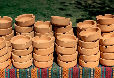 Set of brown ceramic ashtrays in view