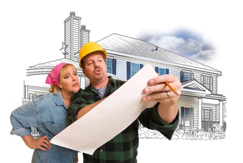 Woman talking with contractor over house drawing and photo combination on white