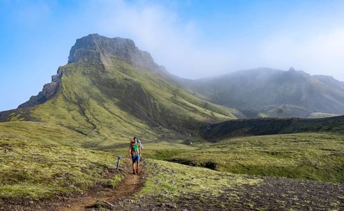 Hikers on trail through moss-covered mountain landscape