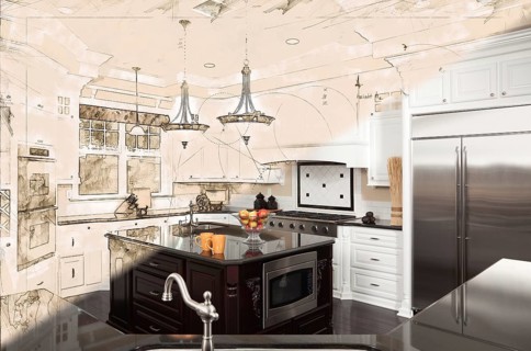 Beautiful custom kitchen design drawing cross section into finished photograph