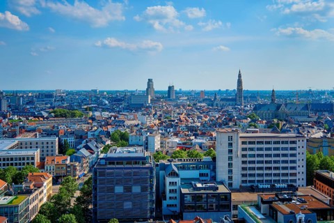 Aerial view of Antwerp city center with Cathedral of Our Lady Antwerp