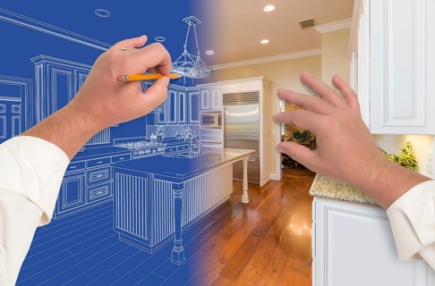 Architect drawing kitchen design gradating into finished build