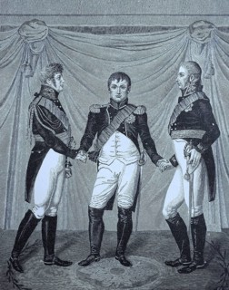 Der Friedensbund von Kaiser Alexander I. Napoleon I. und Koenig Friedrich Wilhelm III. am 27. Juni 1807