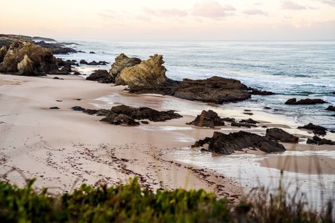 Beautiful landscape and seascape with rock formation in Samoqueira Beach
