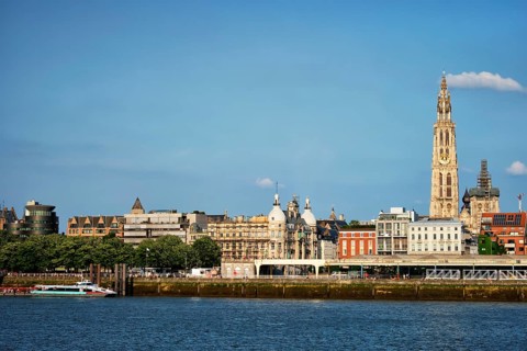 View of Antwerp over the River Scheldt with Cathedral of Our Lady Onze-Lieve-Vrouwekathedraal Antwerpen