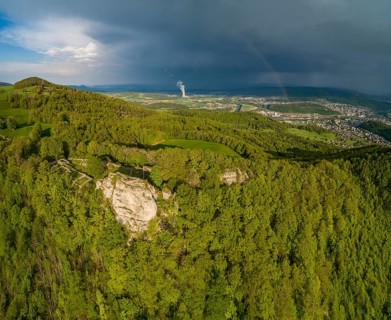Passing thunderstorm with rainbow