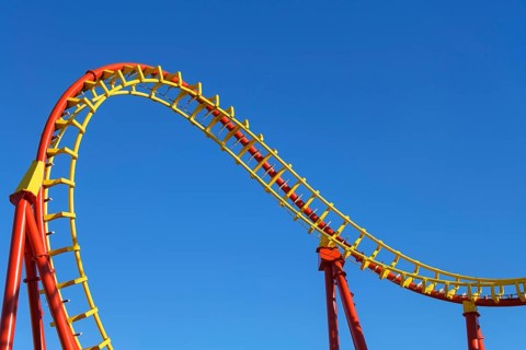 Roller coaster in front of blue sky
