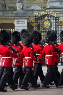 Guardsmen of the Irish Guards in ceremonial uniforms