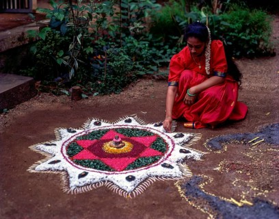 Onam pookkalam or athapookalam during Onam festival in Kerala