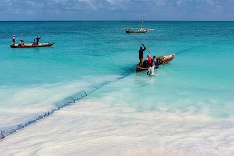 Fischerboote vor Nungwi legen Netz aus