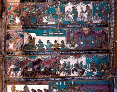 17th century Ramayana murals in Vasanta Mantapa ceiling in Alagarkovil or Alagar Koyil Vishnu temple near Madurai