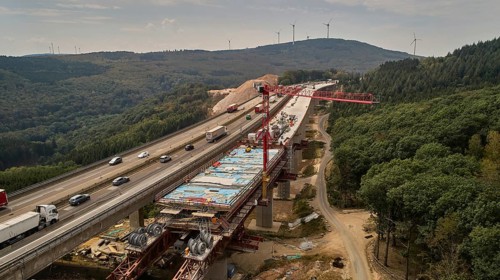 Aerial view of the construction work on the Pfaedchensgraben bridge on the A61 motorway near Rheinboellen
