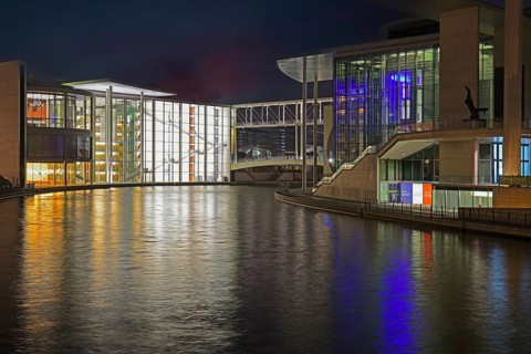 Spree side of the Paul Loebe House and Marie Elisabeth Lueders House on the right in the evening
