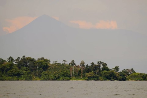 View of the lake with volcano in the distance