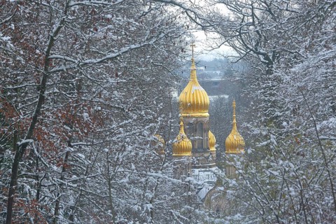 Russian chapel built 1847-1855 in winter on the Neroberg in Wiesbaden