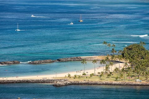 View over Ala Moana Beach and Magic Island Lagoon
