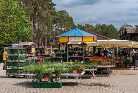 Market stalls and sales booths on the grounds of the asparagus farm in Klaistow