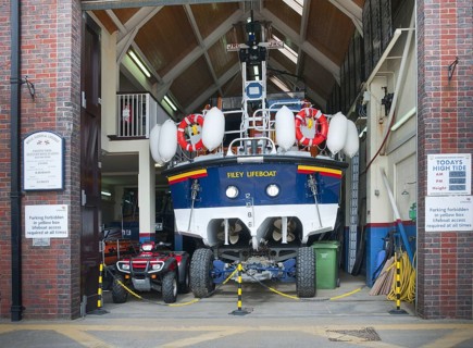 Lifeboat on trailer in station